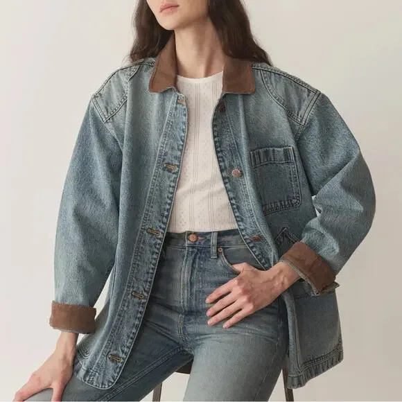 NWT Doen Pascual Cotton Denim Jean Corduroy Collar Barn Jacket Deveraux Wash - Picture 6 of 15